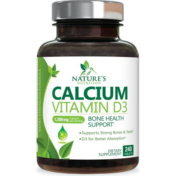 Calcium Supplement 1200 mg - with Vitamin D3 for Best Absorption - Supports Immune Health, Bones & Teeth - Nature's Calcium Carbonate + 1600 IU of D3 - Bottled in USA for Women & Men - 240 Tablets
