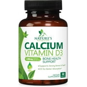 Calcium Supplement with Vitamin D3-1200 mg Calcium per Serving with D3 for Best Absorption - Supports Immune Health, Bones & Teeth - Natures Calcium is Bottled in USA for Women & Men - 60 Tablets