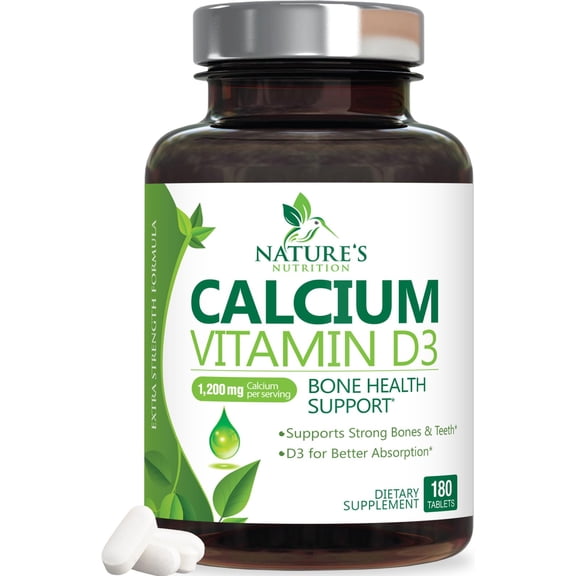 Calcium Supplement 1200 mg - with Vitamin D3 for Best Absorption - Supports Immune Health, Bones & Teeth - Nature's Calcium Carbonate   1600 IU of D3 - Bottled in USA for Women & Men - 180 Tablets