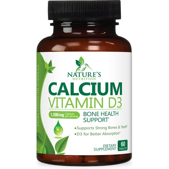 Calcium Supplement 1200 mg - with Vitamin D3 for Best Absorption - Supports Immune Health, Bones & Teeth - Nature's Calcium Carbonate + 1600 IU of D3 - Bottled in USA for Women & Men - 60 Tablets