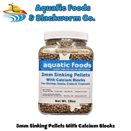 Calcium Blocks included in these 40% Protein 3mm Sinking Pellets for Shrimp, Snails, Crabs, Catfish, Plecos for All Tropical Fish. Pellets by Zeigler..10oz Small Jar