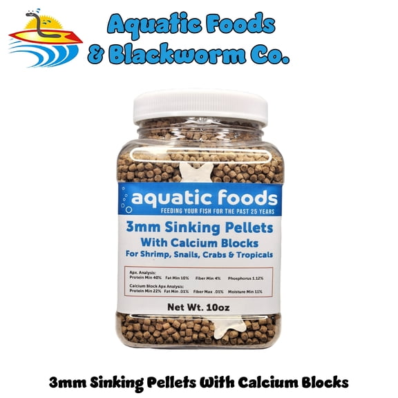 Calcium Blocks included in these 40% Protein 3mm Sinking Pellets for Shrimp, Snails, Crabs, Catfish, Plecos for All Tropical Fish. Pellets by Zeigler..10oz Small Jar