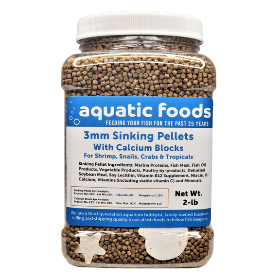 Calcium Blocks included in these 40% Protein 3mm Sinking Pellets for Shrimp, Snails, Crabs, Catfish, Plecos for All Tropical Fish. Pellets by Zeigler2-lb Med Jar