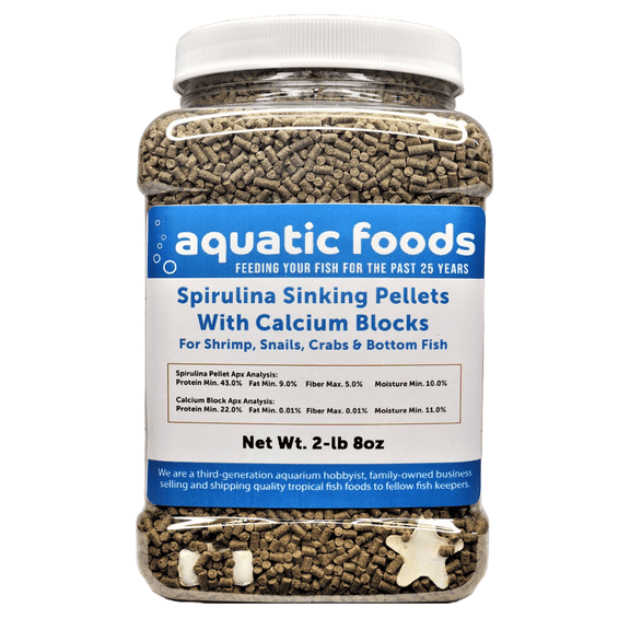 Calcium Blocks included in these Spirulina Sinking Pellets for Shrimp, Snails, Crabs, Catfish, Plecos for All Tropical Fish 1/16" x 3/8" Pellets by Zeigler2-lb 8oz Med Jar