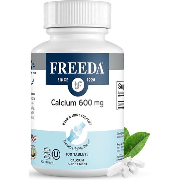 Calcium Carbonate 600 mg by Freeda High-Potency Daily Calcium Supplement Vegan, Kosher, Clean-Label Tablets 100 Count