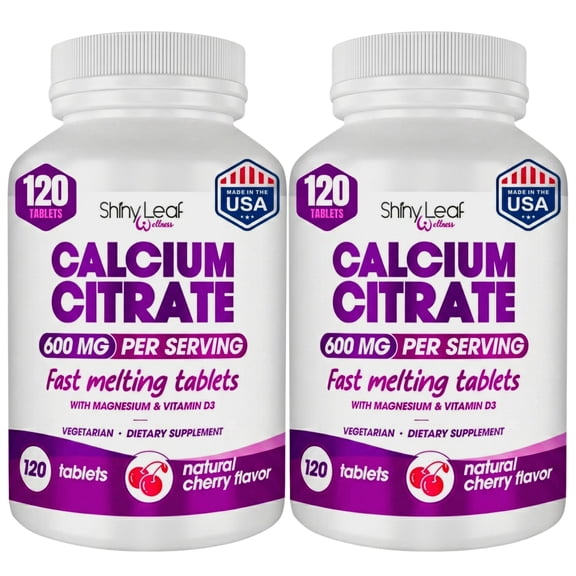 Calcium Citrate 600mg with Vitamin D3 & Magnesium - Fast Melting Bariatric Calcium for Post Surgery - Smooth Dissolving, Non-Chalky Alternative to Chewable Chews - Cherry - 2 Pack x 120 Ct.