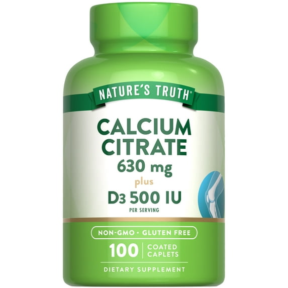 Calcium Citrate 630mg with Vitamin D3 (500 IU) | 100 Caplets | For Men and Women | by Nature's Truth