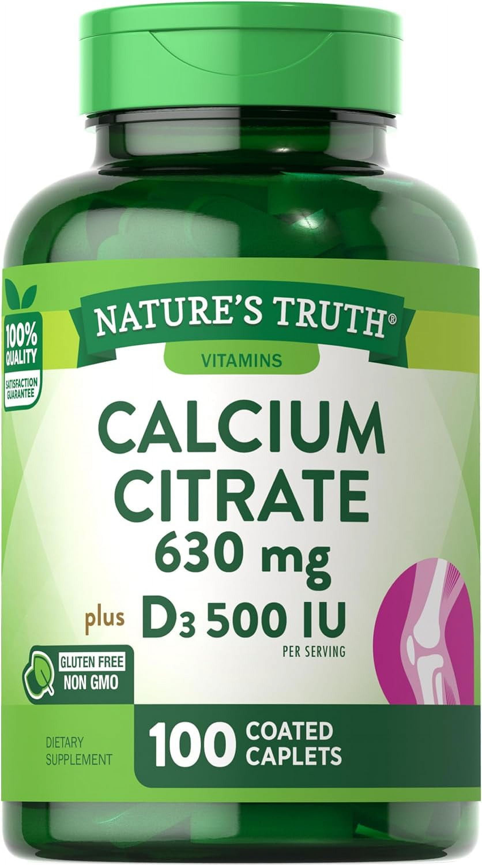 Calcium Citrate 630mg with Vitamin D3 (500 IU)  | 100 Caplets | For Men and Women | by Nature's Truth