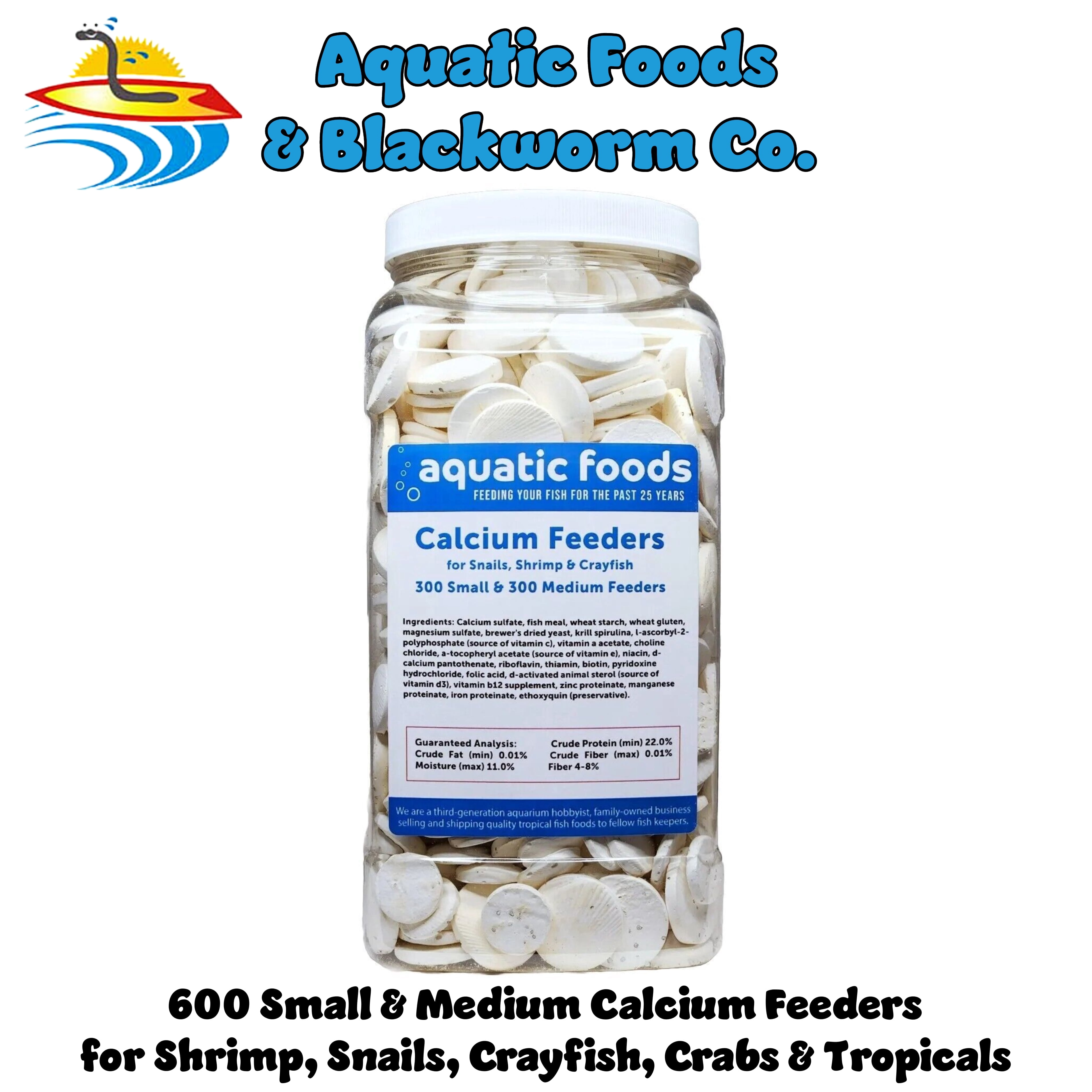 Calcium Enriched Sinking Feeder Disks and Holiday Feeding Food for Shrimp, Snails, Crabs, Crayfish, Hermit Crabs, Plecos, Catfish, all Tropical Fish. 600 Small & Medium Discs... Large Jar