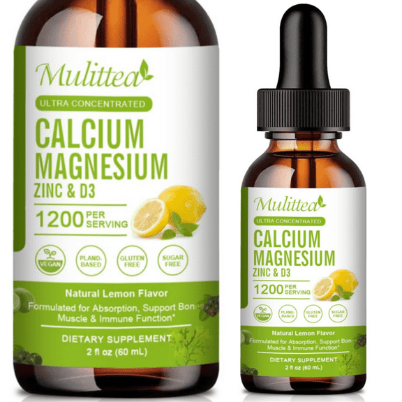 Calcium Magnesium Zinc Liquid with Vitamin D3, Magnesium Glycinate Drops Plus Vitamin C K2, High Absorption Plant Calcium Supplement for Heart & Bone, 30 Servings, Lemon Flavor