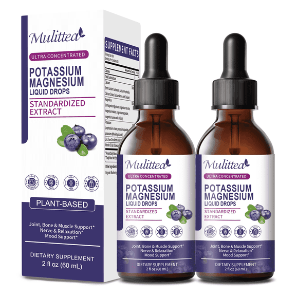 Potassium Magnesium Liquid Drops with Calcium, Zinc, Vitamin D3, Potassium Magnesium Complex Supplement for Muscle & Bone & Energy & Immune Support - 4 Fl oz, Blueberry Flavor
