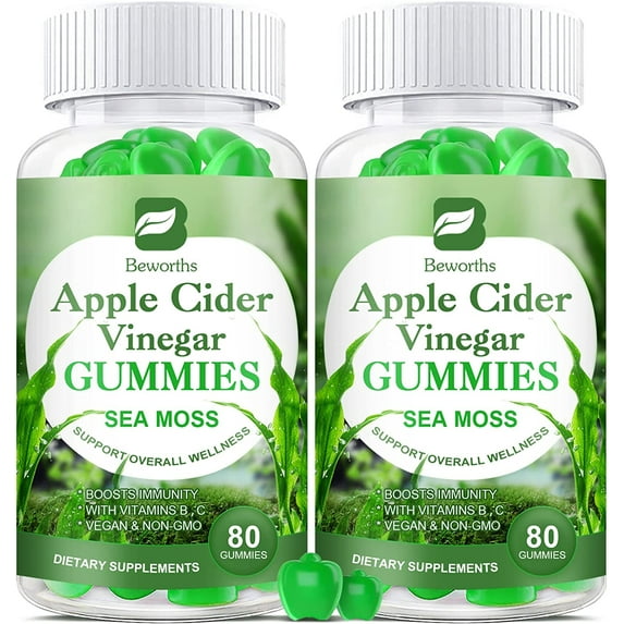 B Beworths Apple Cider Vinegar Gummies & Sea Moss Gummy, Organic ACV Gummies with Mother Supplement Supports Detox Cleanse & Digestive Health for Adults & Kids, Flat Tummy Gummies with Vitamin B9, B12