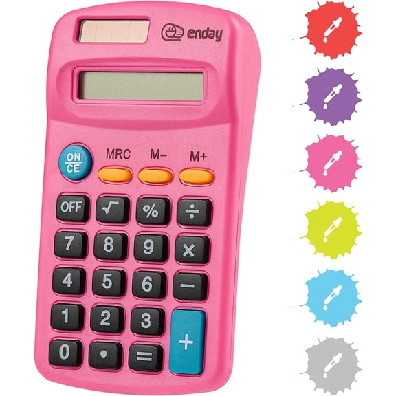 Calculator Pink, Basic Small Solar and Battery Operated, Large Display Four Function, Auto Powered Handheld School Kids Available in Green, Red, Purple, Grey, Blue, 1 PK by
