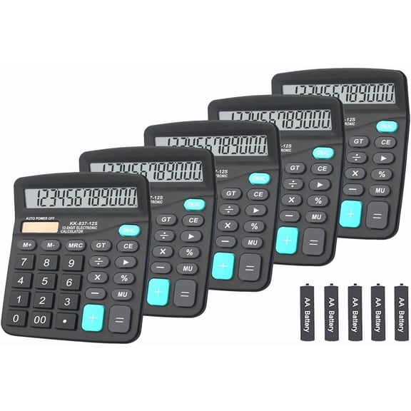 Calculators, Large Button Calculator with Angled LCD Display 12-Digit Dual Power Handheld Desktop Feature for Office, School, Home(Black, Pack of 5)