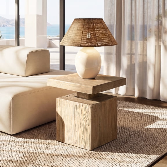 Calder 18" Solid Square Reclaimed Elm Block Plinth Side Table, Heritage Light Natural Brown