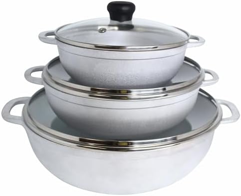 Caldero Stock Pot with Glass Lid 3pc Set, 1.5/2.5/5.2qt, Cast Aluminum, Perfect for Serving Medium & Small Groups, Riveted Handles, Made in Colombia, Silver.