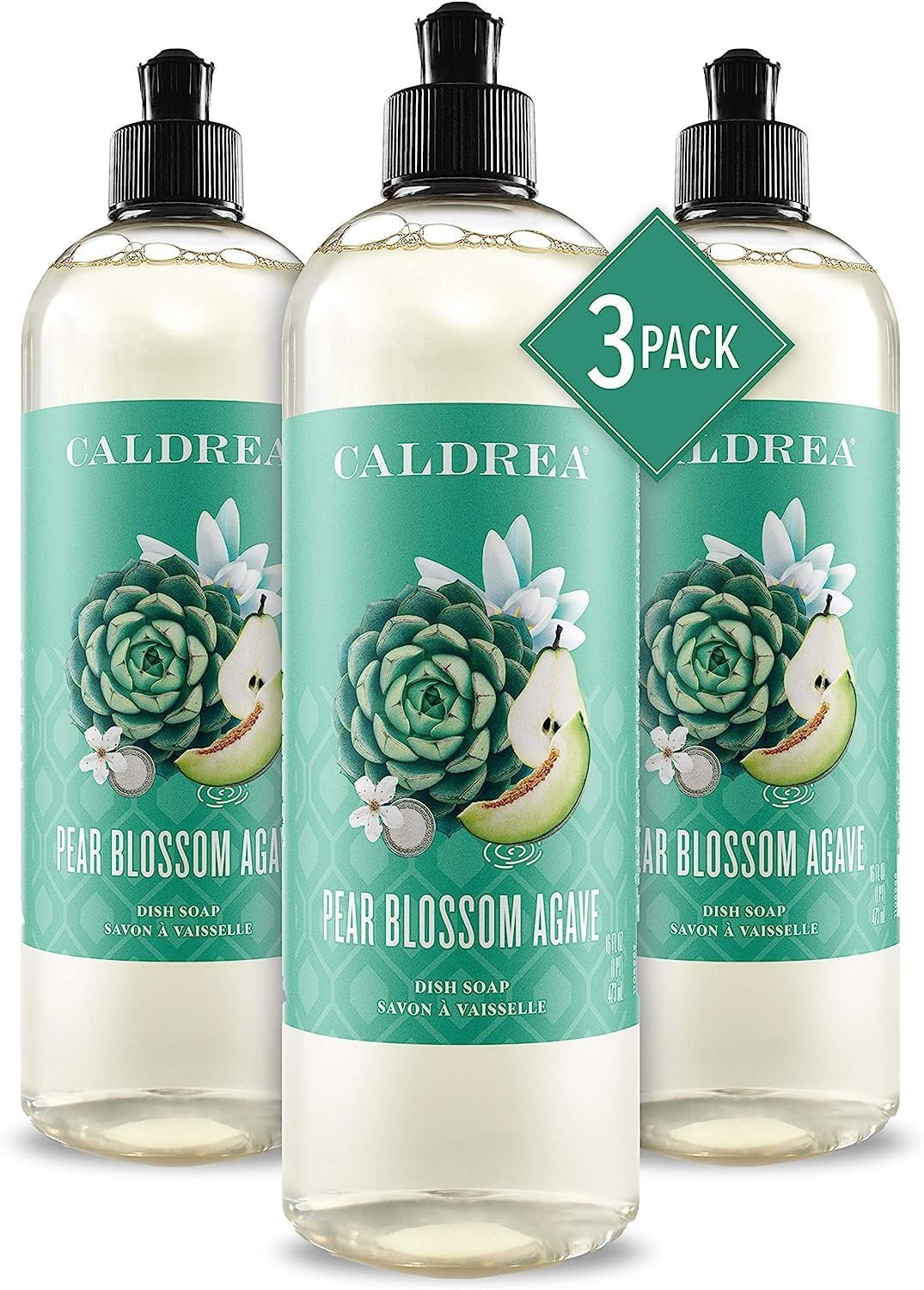 Caldrea Dish Soap, Biodegradable Dishwashing Liquid made with Soap Bark and Aloe Vera, Pear Blossom Agave, 16 oz , 3 Pack