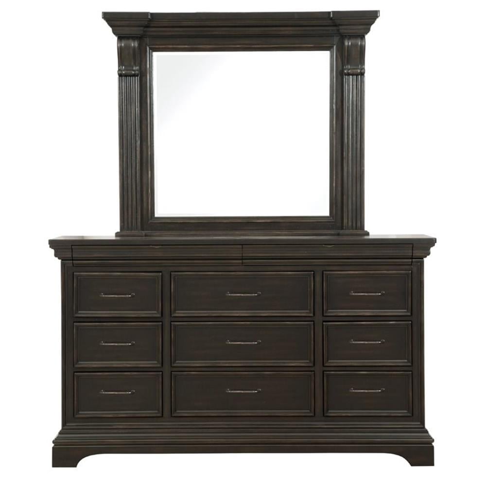 Caldwell 11 Drawer Wood Dresser w/ Mirror in Deep Brown by Pulaski Furniture