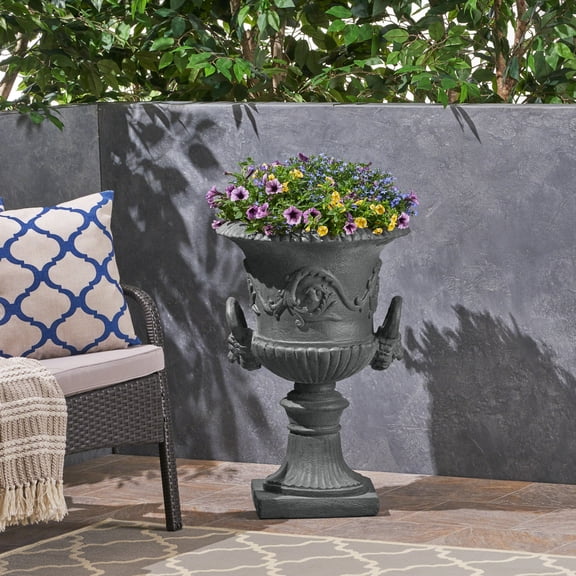 Caldwell 28.25 in. Tall Gray Roman Stone Lightweight Concrete Floor Planter for Indoor Outdoor Use