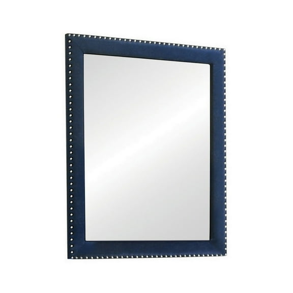 Cale 40 Inch Modern Glam Portrait Mirror Nailhead Blue Velvet Upholstered - Saltoro Sherpi