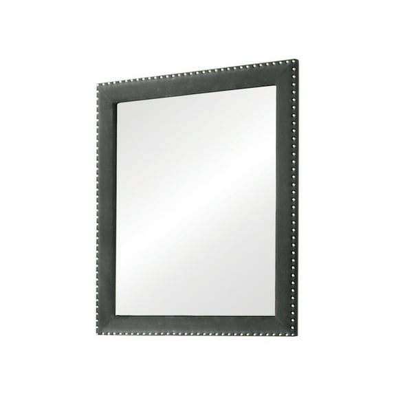 Cale 40 Inch Modern Portrait Mirror, Velvet Upholstery, Nailhead Trim, Gray