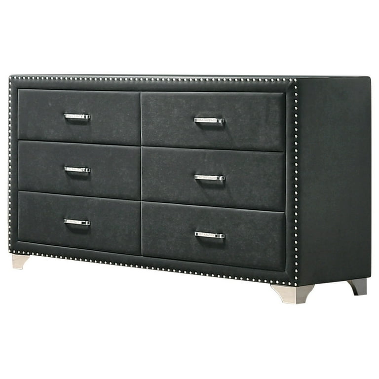 Cale 60 Inch Velvet Dresser Modern Glam 6 Drawer Nailhead Gray