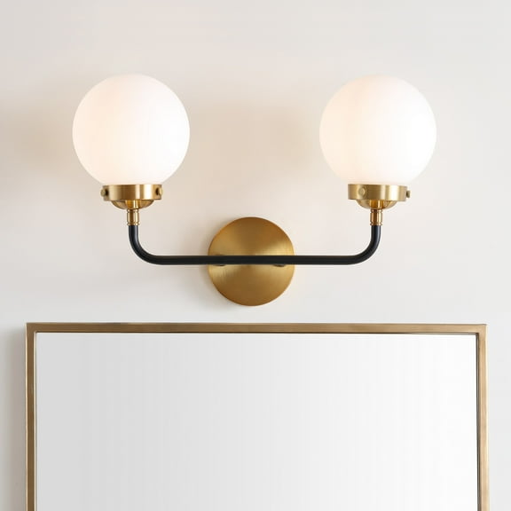 JONATHAN Y Caleb 18" 2-Light Contemporary Transitional Iron/Glass LED Vanity Light, Brass Gold/Black/White