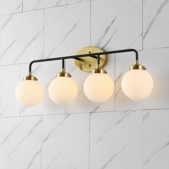 JONATHAN Y Caleb 30.75" 4-Light Contemporary Transitional Iron/Glass LED Vanity Light, Brass Gold/Black