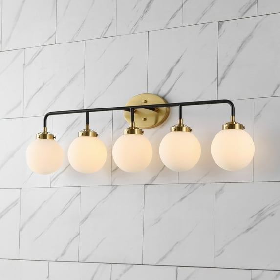 JONATHAN Y Caleb 38" 5-Light Contemporary Transitional Iron/Glass LED Vanity Light, Brass Gold/Black/White