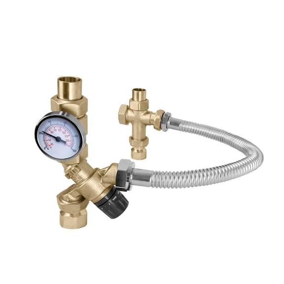 Caleffi 520510AX Mixcal 3-Way Mixing Valve 3/4"FNPT tank,hose,cross,3/4" MNPTw/gage