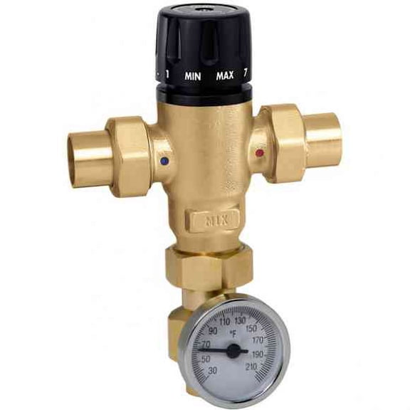 Caleffi 521619A 3-way Mixing Valve w Adaptor and Gauge, Low-lead