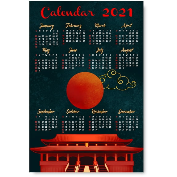 Calendar 2021 Poster Printable Art Chinese Culture Red Sun New Year of the OX Living Room Decor