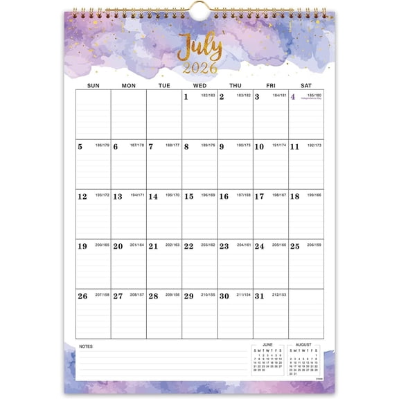 Calendar 2026-2027 - July 2026 - June 2027, Wall Calendar 2026-2027, 12" x 17", 18 Months Calendar, -Wire Binding, Hook, Blocks and Julian Dates - Colorful Waterink
