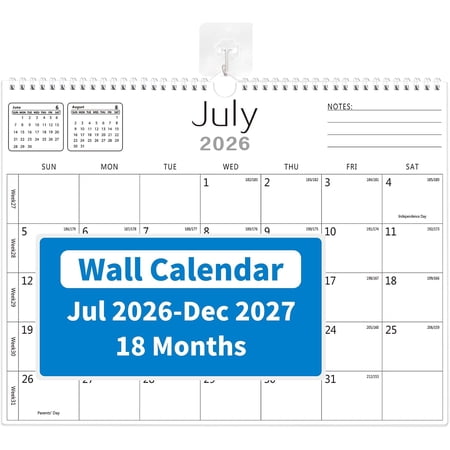 Calendar 2026-2027, Wall Calendar 2026-2027 From July 2026 To December 2027 18 Months, 14" x 11" Paper Calendars with Julian Date and Blank Block for New Year