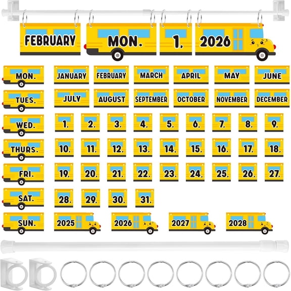 Calendar Bulletin Board Set - 65 count School Bus Flip Calendar with Holder Bus Shape 54 Date Cards Adjustable Calendar Holder for to School Classroom Teacher Decoration Supplies