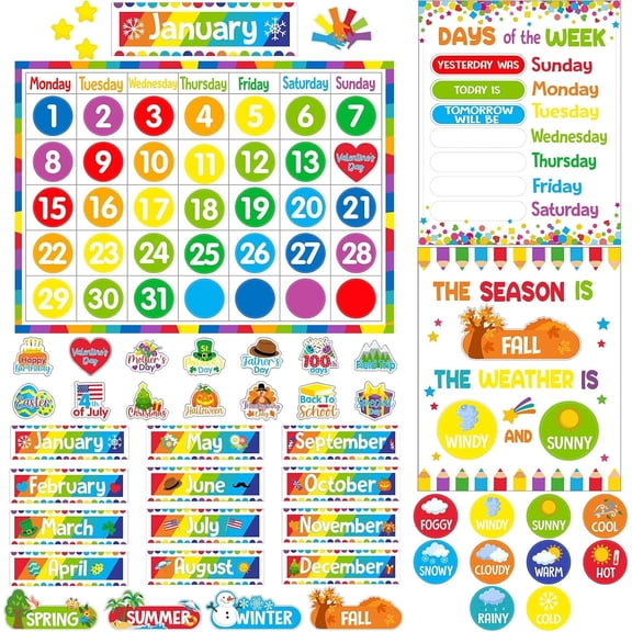 Calendar Bulletin Board Set, Calendar Seasons Weather Chart Bulletin Board and Classroom Display with Stickers for School Classroom Bedroom Wall Decoration (Multicolored Style)