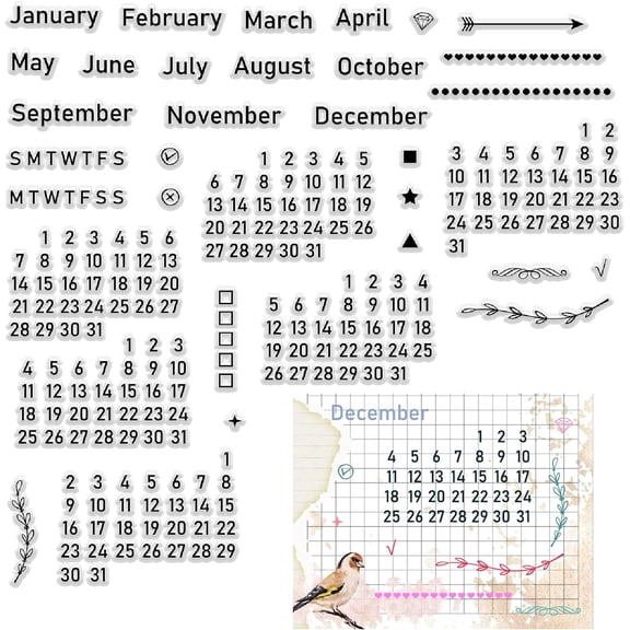 Calendar Clear Stamps Week Month Words Number Reusable Retro Transparent Silicone Stamp Seals DIY for Scrapbooking Photo Album Decorative Journaling Card Making DIY Christmas Gifts