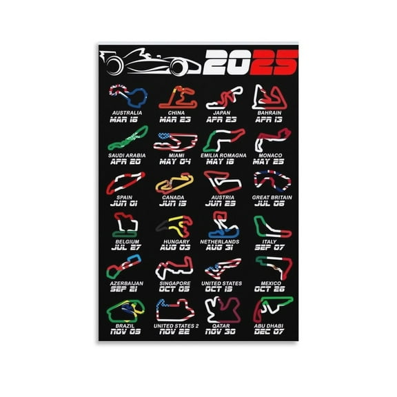 Calendar Formula Race Cars 2025 Circuits Posters Canvas Poster Wall Art Picture Prints Hanging Photo Gift Decor Home Posters Artworks 12x18inch(30x45cm)