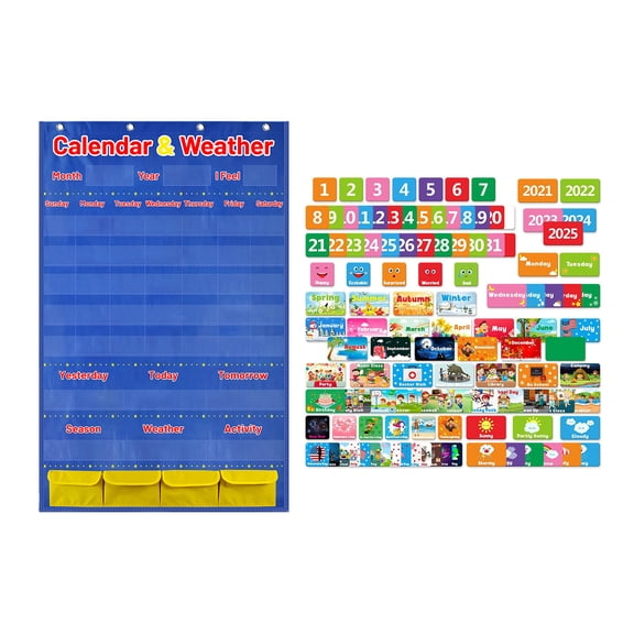 Calendar Weather Pocket Chart Classroom Monthly Calendar Chart with 114 Cards for Classroom Kindergarten Homeschooling