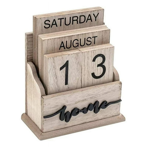 Calendar Wooden Vintage Wood Block Calendar for Home Office Desk Accessories Week Month Date Display