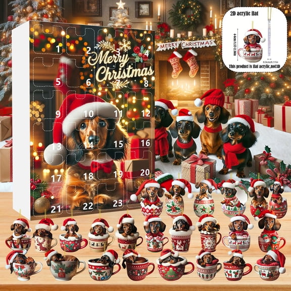Calendario Adviento vacaciones festivales calendario cuenta regresiva Navidad 24 dÃas colgante perro salchicha con gorro Papá Noel adornos pollo árbol Navidad en 2D fiesta Navidad.