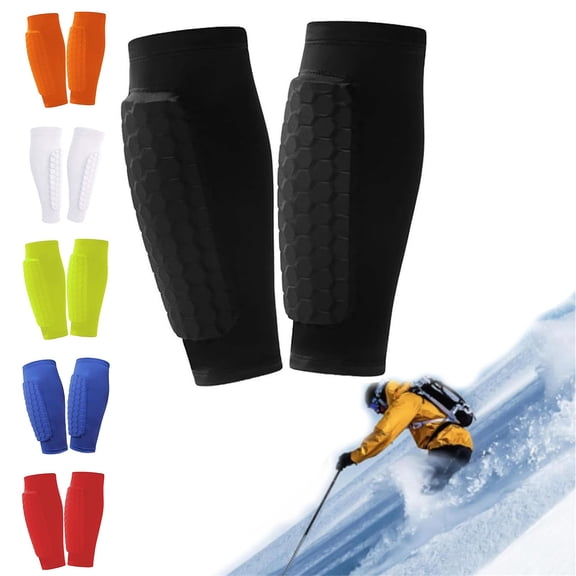 Calf Compression Sleeves with Honeycomb Protective Padding, Anti-Collision Leg Guards for Skiing & Snowboarding, Breathable Sport Protective Gear for Youth and Adult-Black