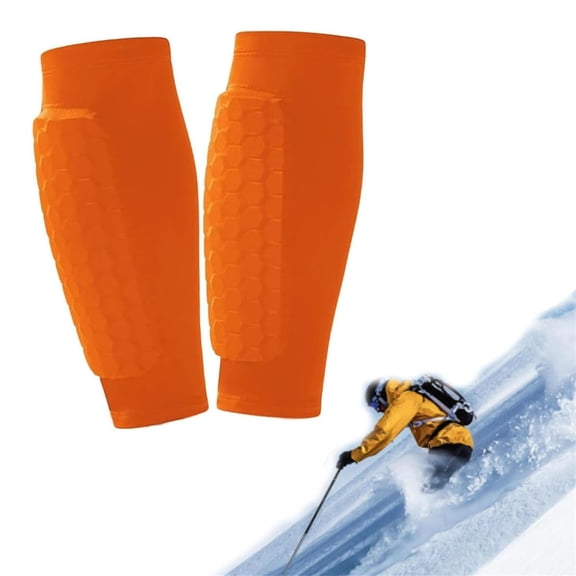 Calf Compression Sleeves with Honeycomb Protective Padding, Anti-Collision Leg Guards for Skiing & Snowboarding, Breathable Sport Protective Gear for Youth and Adult-Orange