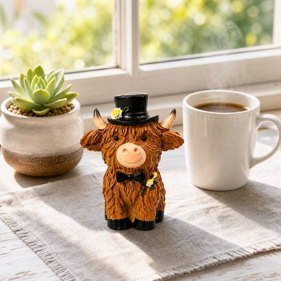 Calf Resin Figurine, Highland Cow Ornament with Yellow Floral Decor for Shelf and Tabletop Display