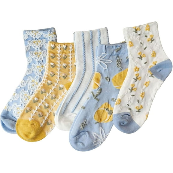 Calf Socks 5 Pairs for Women 5-10 Cute Crew Vintage Frilly Floral Blossom Design Casual Novelty Cotton Breathable