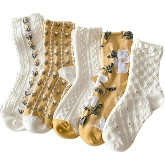 Calf Socks 5 Pairs for Women 5-10 Cute Crew Vintage Frilly Floral Blossom Design Casual Novelty Cotton Breathable