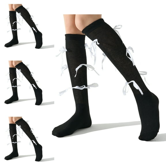 LDU Thigh High Socks for Women, Ballet Style with Bubble Cuff Bow, Lightweight Breathable, 3 Pairs