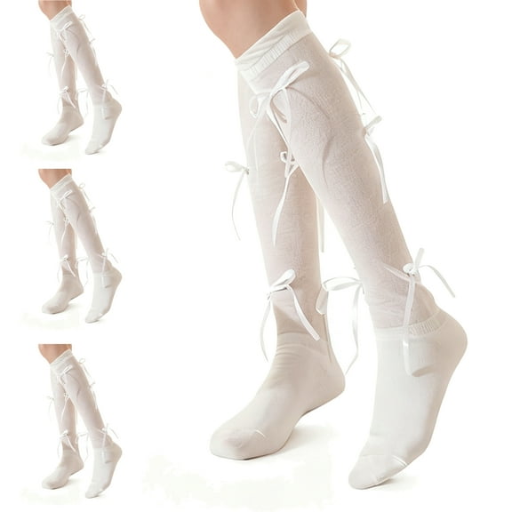 LDU Thigh High Socks for Women, Ballet Style with Bubble Cuff Bow, Lightweight Breathable, 3 Pairs