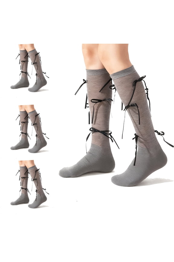 Thigh High Socks for Women, Ballet Style with Bubble Cuff Bow, Lightweight Breathable, 3 Pairs