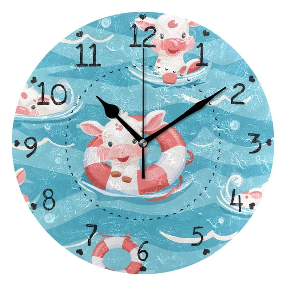 Calfs with Buoy in Running River Round Wall Clock Silent Analog Battery Operated Black Pointer Home Decor 9.84" Diameter